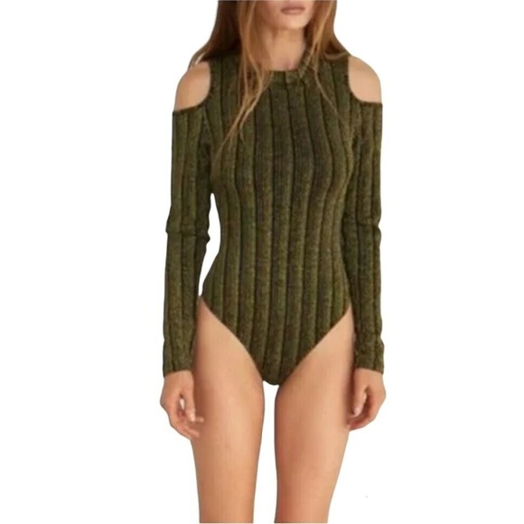 Dream Bandits S Tell Me Gold Metallic Stripe‎ Cold Shoulder Bodysuit Mock Neck - Picture 7 of 12